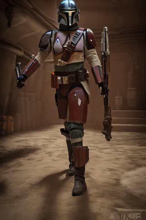 Image similar to off angle beautiful full body shot film still of the Mandalorian standing in a mos Eisley cantina, rim lighting, volumetric lighting, action pose, low angle, hard surface modeling, unreal, redshift, 3d model, 8k