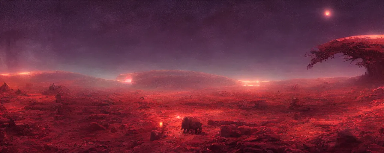 Prompt: ” barren landscape at night, [ cosmic, cinematic, detailed, epic, widescreen, opening, establishing, mattepainting, photorealistic, realistic textures, octane render, art by wlop and paul lehr ] ”