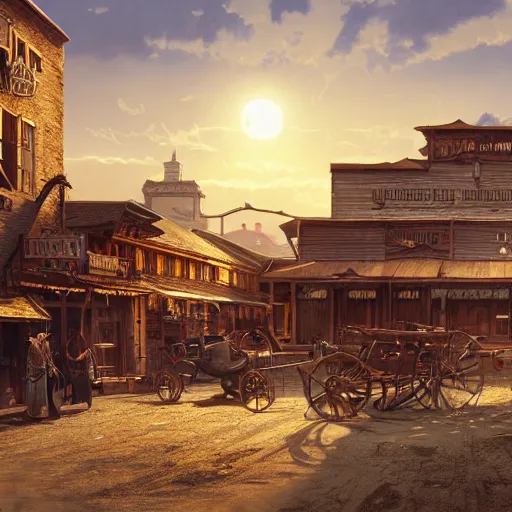 Image similar to painting of a wild west town, no people, saloon, golden hour, ultra realistic, concept art, dark fantasy, intricate details, eerie, highly detailed, photorealistic, octane render, 8 k, unreal engine 5. art by artgerm and greg rutkowski and alphonse mucha