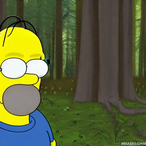 Image similar to Photorealistic homer Simpson in the woods creepy