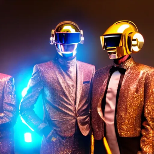 Image similar to a photo of a parade of people dressed in Daft Punk Helmets and Daft Punk Suits, 8k, dramatic lighting