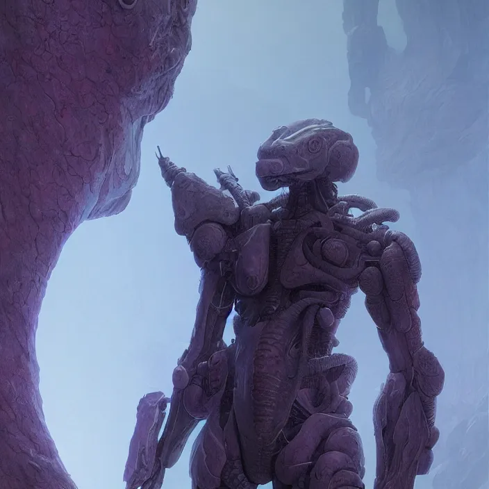 Image similar to a character in a scenic environment by wayne barlowe and nihei tsutomu, close up shot, dreamy hazy, biological armor, highly detailed, 3 d render, vray, octane, realistic lighting