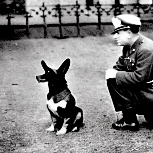 Image similar to ultra wide 1 9 4 6 blurry historical photo of a single german general kneeling to pet a corgi, a young queen elizabeth watches him, french village exterior, highly detailed, sharp focus