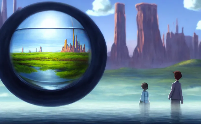 Image similar to a scary hyperrealist painting of new york city inside a giant transparent forcefield crystal ball from howl's moving castle ( 2 0 0 4 ) in a flooded monument valley stonehenge jungle. depth perception, 4 k, artstation, in the style of studio ghibli