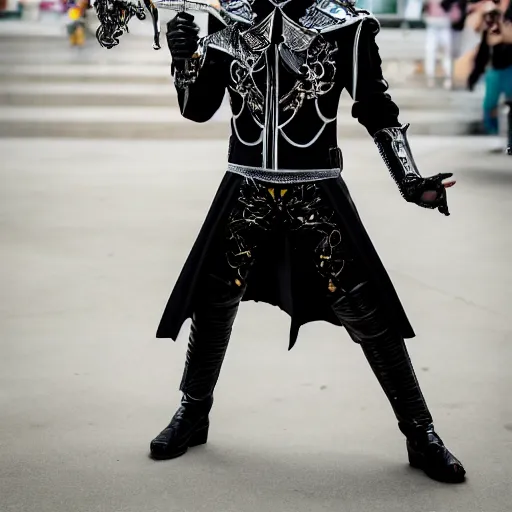 Image similar to Austin Butler dressed in futuristic-baroque duelist-garb and battle armor, standing in an arena, XF IQ4, f/1.4, ISO 200, 1/160s, 8K, RAW, unedited, symmetrical balance, in-frame