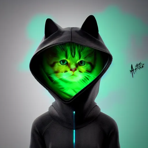 Prompt: a hacker cat, green hoodie accomplished look, dark background, shadows, portrait, fantasy, matte painting, bold shapes, hard edges, octane render, unreal engine