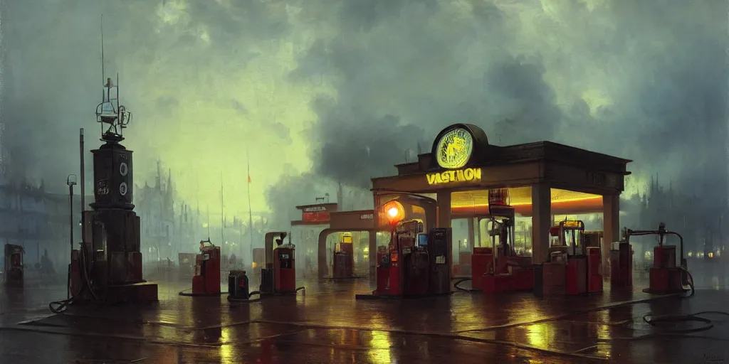 Image similar to a gas station in 1 9 4 0 with yellow and red light in the middle of the night, a men stand up next to the pump, mystical blue fog, oil on canvas, art by andreas achenbach, clemens ascher, tom bagshaw and sabbas apterus,