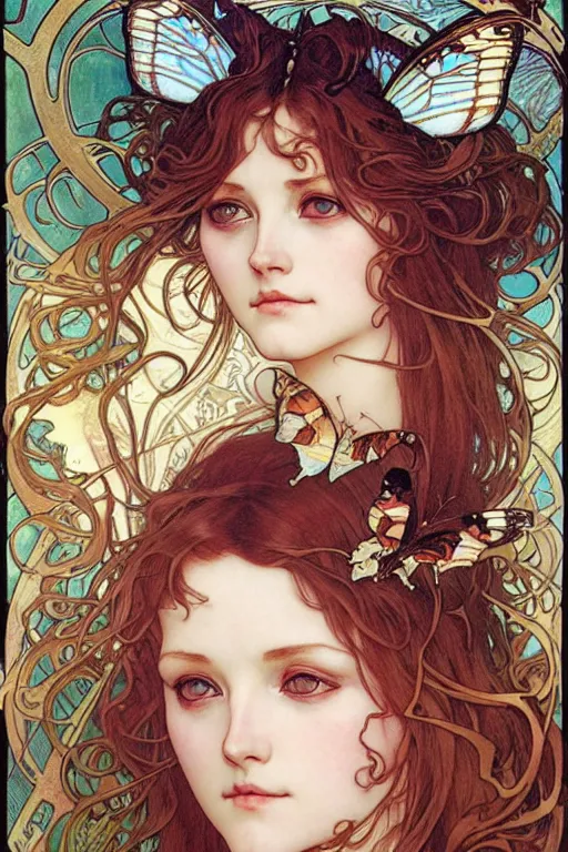 Prompt: realistic detailed illustration of butterflies by Alphonse Mucha, Ayami Kojima, Amano, Charlie Bowater, Karol Bak, Greg Hildebrandt, Jean Delville, and Mark Brooks, Art Nouveau, Pre-Raphaelite, Neo-Gothic, gothic, rich deep moody colors