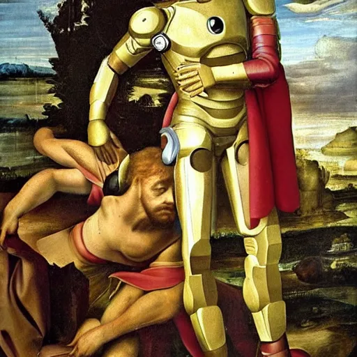 Image similar to renaissance painting of an anthropomorphic dog wearing an iron man suit