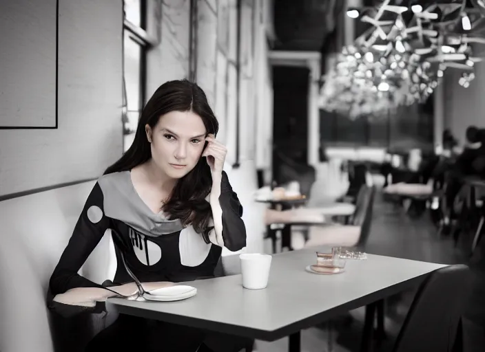 Image similar to young adult woman in a coffee shop wearing an avant garde outfit designed by zaha hadid, studio lighting, 5 0 mm