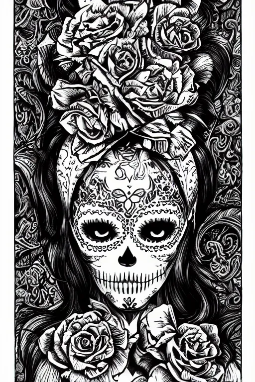 Prompt: Illustration of a sugar skull day of the dead girl, art by joe fenton