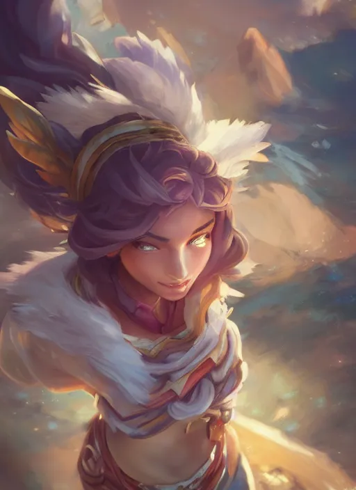 Image similar to taliyah, from league of legends, luchu, hyper detailed, digital art, overhead view, trending in artstation, studio quality, smooth render, unreal engine 5 rendered, octane rendered, art style by klimt and nixeu and ian sprigger and wlop and krenz cushart