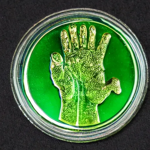 Image similar to green translucent coin in shape of labyrinth