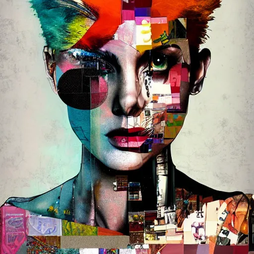 Prompt: fashion icon, contemporary collage, highly detailed, digital painting, 4 k, hdr, punk, minimal style, smooth, sharp focus, art by nick knight, sandra chevrier
