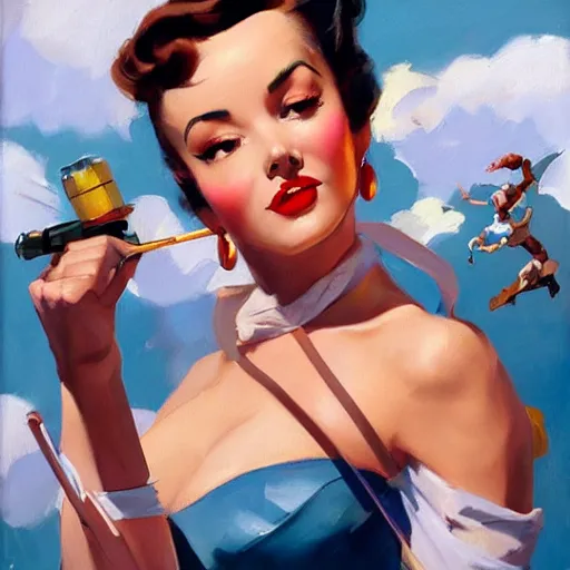 Image similar to greg manchess portrait painting of 1 9 5 0's pinup as overwatch's characters, medium shot, asymmetrical, profile picture, organic painting, sunny day, matte painting, bold shapes, hard edges, street art, trending on artstation, by huang guangjian and gil elvgren and sachin teng