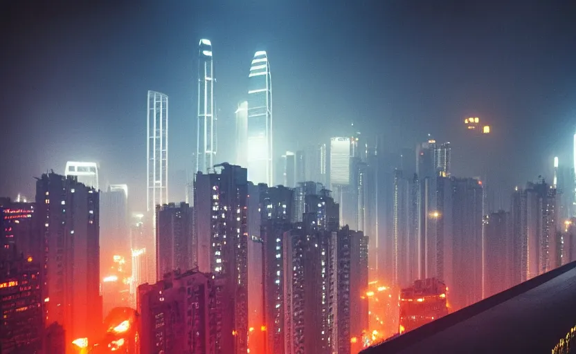 Prompt: 35mm atmospheric urban photographic landscape of Hong Kong 20XX, Blade Runner 1982 city, futuristic dystopian megacity skyline with towering mega-skyscrapers, falling rain, neon, industrial fires and smog