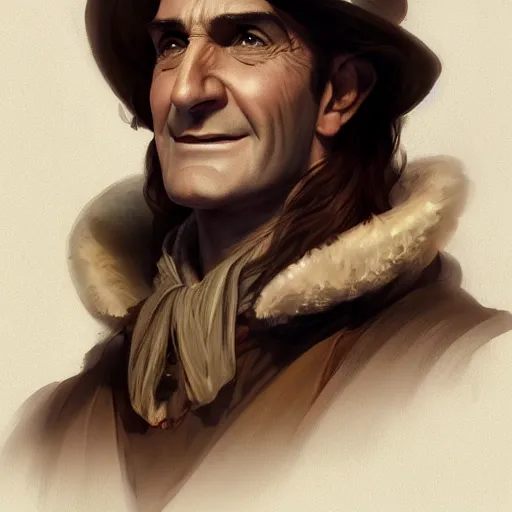 Image similar to smirking male bard, Louis de Funès, portrait, headshot, D&D, fantasy, highly detailed, digital painting, artstation, concept art, sharp focus, illustration, art by artgerm and greg rutkowski and alphonse mucha