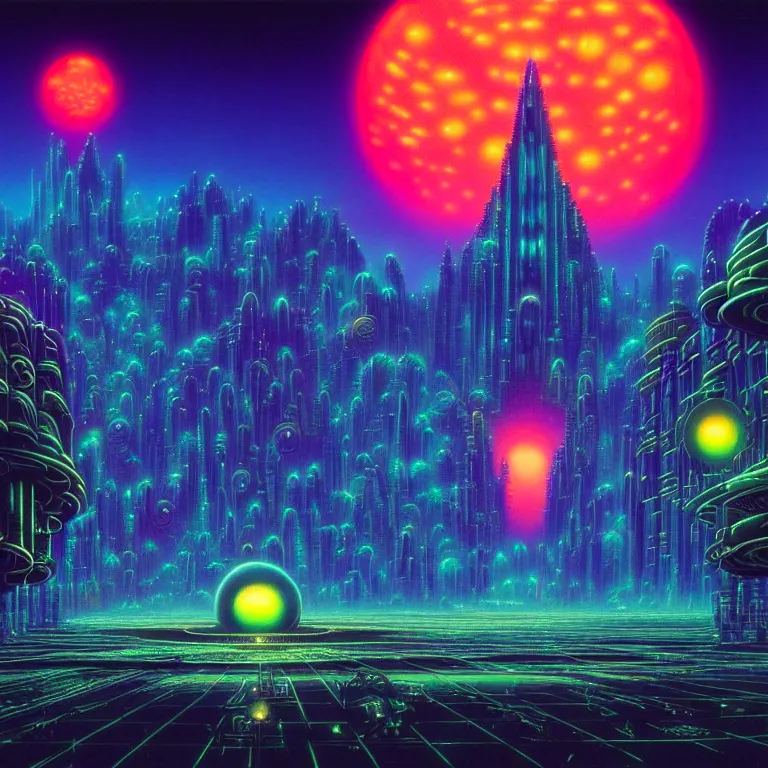 Image similar to mysterious astral city at night, glowing orbs, infinite sky, synthwave, bright neon colors, highly detailed, cinematic, tim white, philippe druillet, roger dean, ernst haeckel, lisa frank, michael whelan, kubrick, kimura, isono