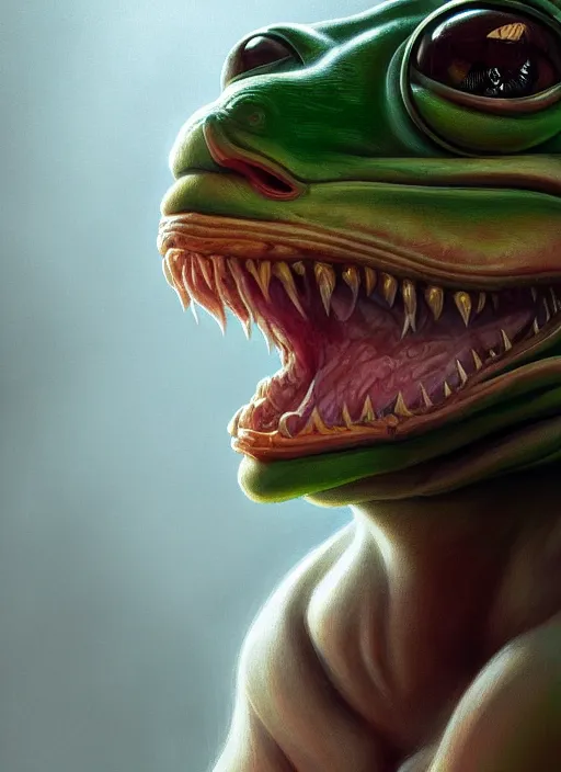 Prompt: 4 chan pepe, drool, portrait, intricate, elegant, highly detailed, digital painting, artstation, concept art, wallpaper, smooth, sharp focus, illustration, art by h. r. giger and artgerm and greg rutkowski and alphonse mucha