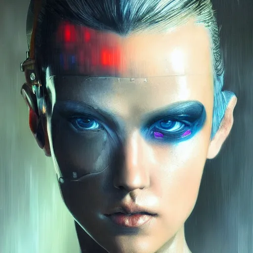 Image similar to cyberpunk cyborg fashion model portrait, hyperrealism oil painting, artstation