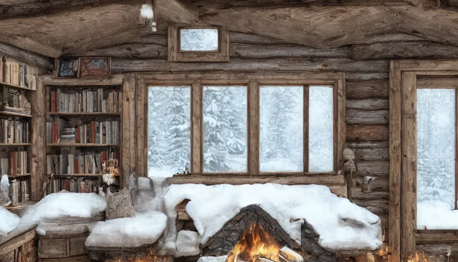 Image similar to Interior of an old cabin built in the snowy forest, small windows, fire in the fireplace, shelf of books, old couch, snowing outside, hyperdetailed, artstation, cgsociety, 8k