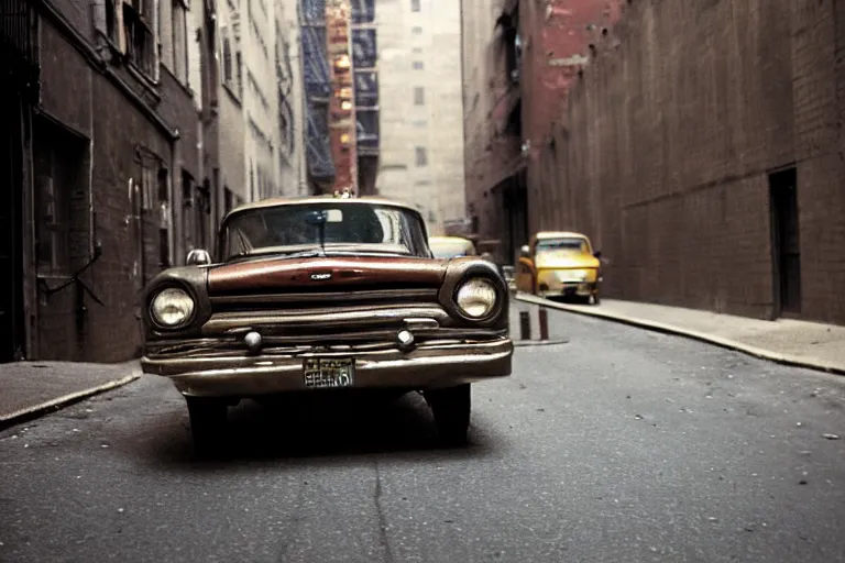Prompt: street photography by saul leiter, in a very narrow new york alley, award winning photo of an ultra detailed intricate dirty vintage ford car speeding very fast on mud, fast shutter speed, motion blur, tiny gaussian blur, highly detailed, highly intricate, depth of field, trending on top gear