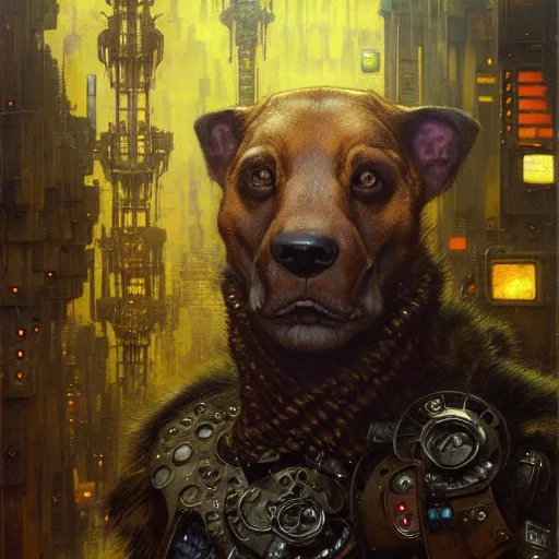 Image similar to portrait german dogman canine neuromancer. spaceship futuristic city. shadowrun cyberpunk fantasy d & d painting by gaston bussiere craig mullins jc leyendecker gustav klimt artgerm greg rutkowski john berkey, bergey, craig mullins, ruan jia, raymond swanland, jeremy mann, beksinski, jack kirby, tom lovell