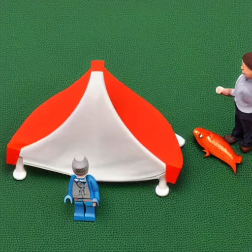 Image similar to lego sculpture of a tent and a huge salmon, thoughtful, elegant, real