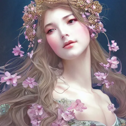 Image similar to a photograpic portrait of a anthropomorphic cherry - blossom queen spirit, fantasy, intricate, elegant, highly detailed, digital painting, artstation, concept art, smooth, sharp focus, illustration, art by artgerm and h r giger and alphonse mucha