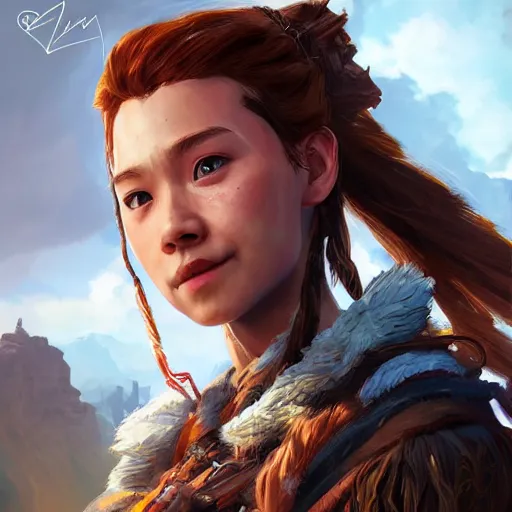 Prompt: portrait of Aloy from Horizon: Zero Dawn, >>>smiling<<<, highly detailed, digital painting, artstation, concept art, smooth, sharp focus, illustration, art by Artgerm