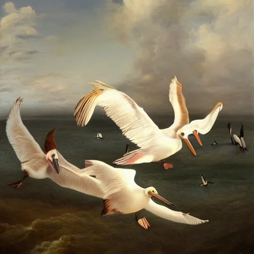 Image similar to a corgi learning to fly with pelicans, oil on canvas, intricate, 8k highly professionally detailed, HDR, CGsociety