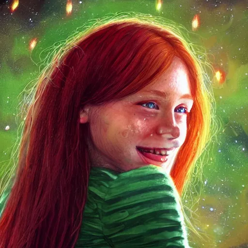 Prompt: portrait of a red haired girl softly smiling among fireflies, with long hair, green eyes, round face, hint of freckles, her head is tilted and she loves the wonderful lights colorful hyper realistic art