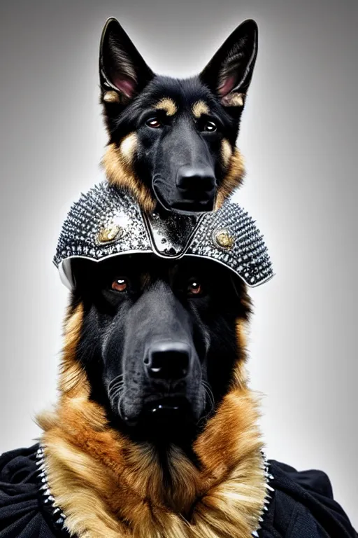 Prompt: donald trump knight wearing a real german shepherd on his head, armor designed by wayne barlowe, swarovski and tiffany, blonde hair, symmetry, sci - fi, cinematic, elegant, luxury, perfect light, perfect composition, dlsr photography, sharp focus, dark fantasy, 8 k, ultra hd, sense of awe, highly detailed, realistic, intricate