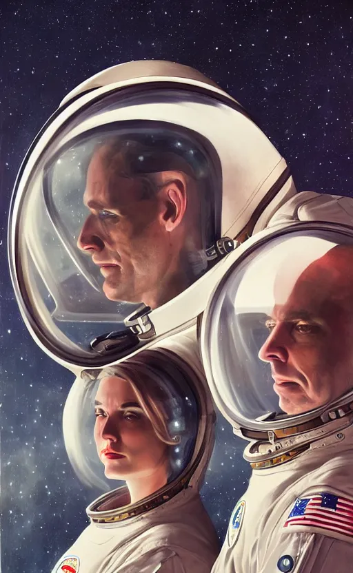 Image similar to super super super epic cinematic shot of an astronaut couple, American Gothic style, 8k scene, digital art, drawn by j.c. leyendecker, amazing quality