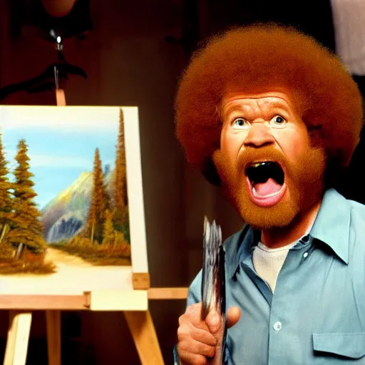 Image similar to insanely angry bob ross screaming at his painting mistake. smoke coming from ears.