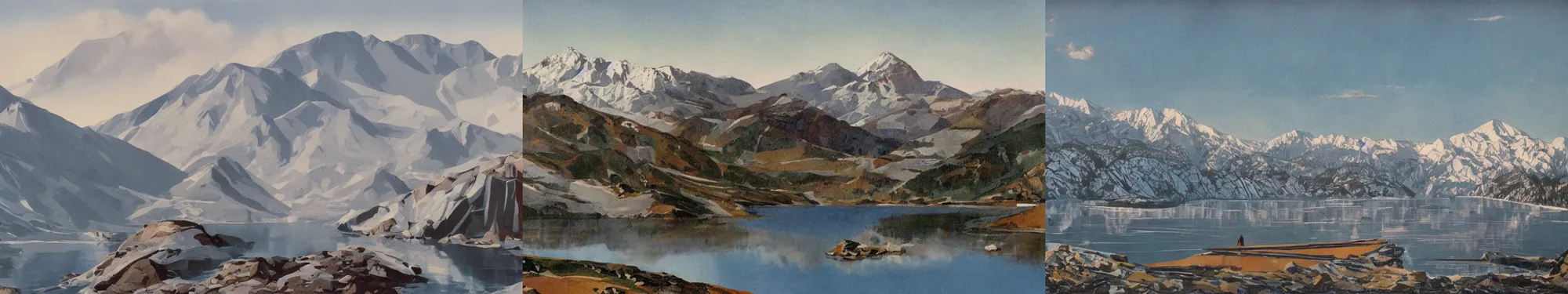 Prompt: lakeside mountains, soviet constructivism