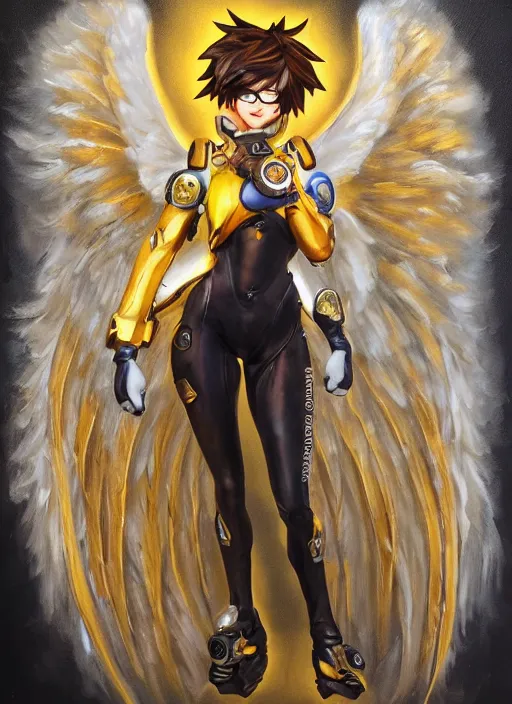 Prompt: full body oil painting of tracer overwatch in the style of jean deville, angel wings, angelic golden armor, dramatic painting, symmetrical composition, ornate, high detail, gold detailed collar!!!!!, blooming, lights, flowers, detailed face,