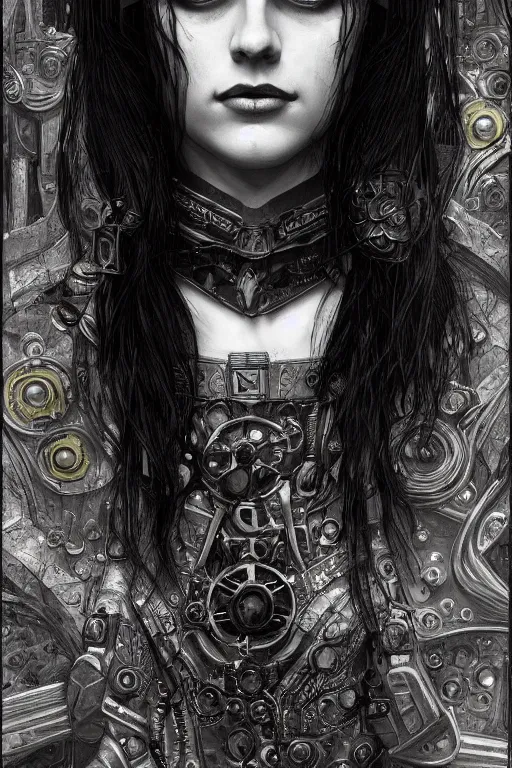 Image similar to portrait of beautiful gothic Alexandra Daddario, cyberpunk, Warhammer, highly detailed, artstation, illustration, art by Gustav Klimt