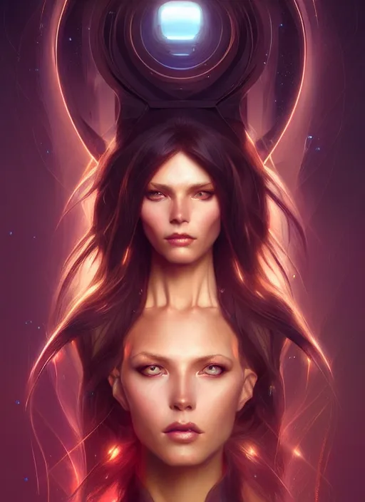 Image similar to futuristic woman portrait, sci-fi, amber eyes, face, long hair, fantasy, intricate, elegant, highly detailed, digital painting, artstation, concept art, smooth, sharp focus, illustration, art by artgerm and greg rutkowski and alphonse mucha