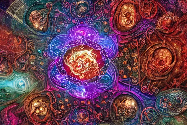 Prompt: a intricate mandala of skulls and flesh with deep and intricate rune carvings and twisting lovecraftian tentacles emerging from a space nebula by dan mumford, twirling smoke trails, a twisting vortex of dying galaxies, collapsing stars, digital art, photorealistic, vivid colors, highly detailed, intricate