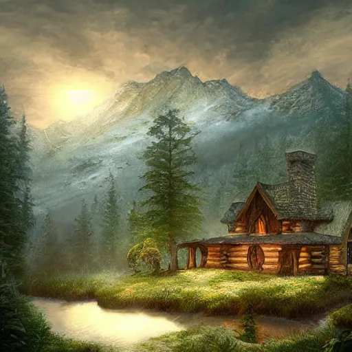 Image similar to cabin in the mythical misty mountains, artstation, concept art, Darrell K Sweet