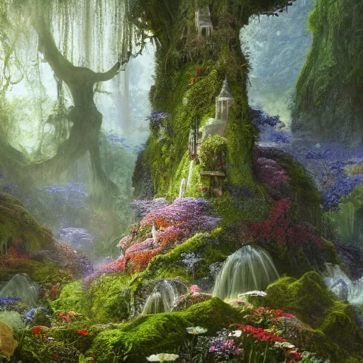 Image similar to a beautiful and highly detailed matte painting of a magical flower covered pergoda in a fantasy garden in a lush forest deep in the mystical mountains, intricate details, epic scale, insanely complex, 8 k, sharp focus, hyperrealism, very realistic, by caspar friedrich, albert bierstadt, james gurney, brian froud,