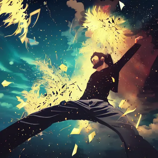 Image similar to man hitting the ground creating a explosion, anime, album cover, rain