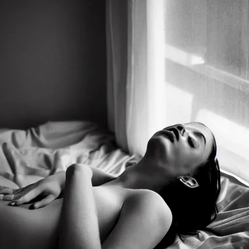 Image similar to a black and white artistic photography of a woman lying on a bed smoking a cigarette and looking at the window. Fashion photography, art installation, video art.