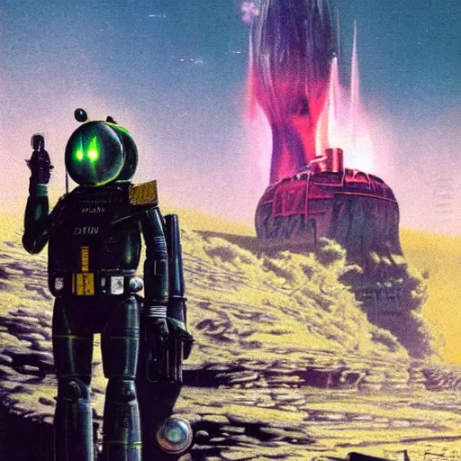 Prompt: android cop in hell, chris foss, john harris, beeple, wayne barlowe