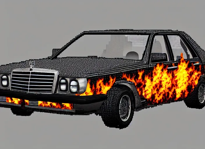 Prompt: burning wrecked mercedes 1 2 4, pixelart by kirokaze, award winning. dramatic. trending on artstation. 8 k