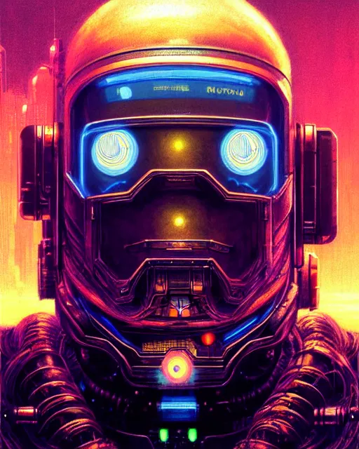 Image similar to cyberpunk robot, character portrait, portrait, close up, concept art, intricate details, soft glow, highly detailed, vintage sci - fi poster, in the style of chris foss, rodger dean, moebius, michael whelan, and gustave dore