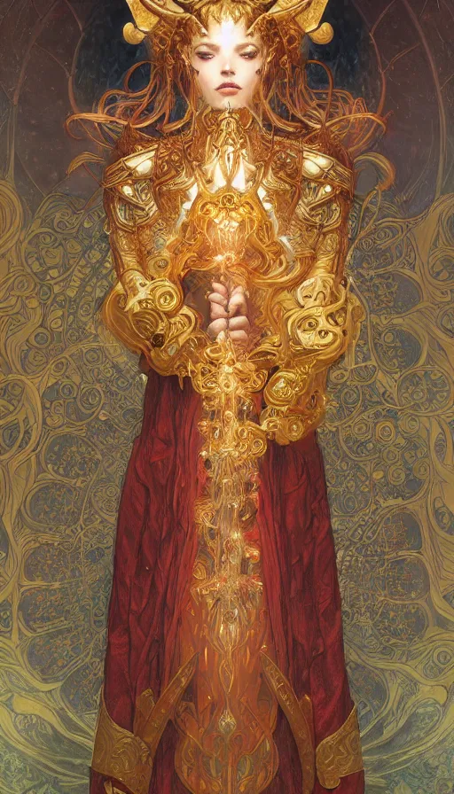 Prompt: aries fiery ram tarot, holy light, intricate armor, elegant, highly detailed, digital painting, artstation, concept art, smooth, sharp, focus, illustration, art by artgerm , james jean, gustav klimt, greg rutkowski, and alphonse mucha