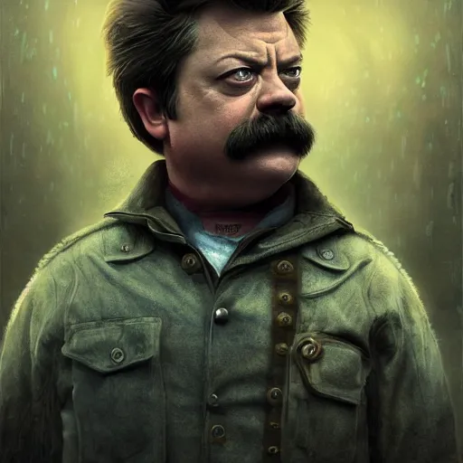 Image similar to Very very very very highly detailed epic central composition photo of Ron Swanson, intricate, dystopian, sci-fi, extremely detailed, digital painting, smooth, sharp focus, illustration, intimidating lighting, incredible art by Brooke Shaden, artstation, concept art, Octane render in Maya and Houdini