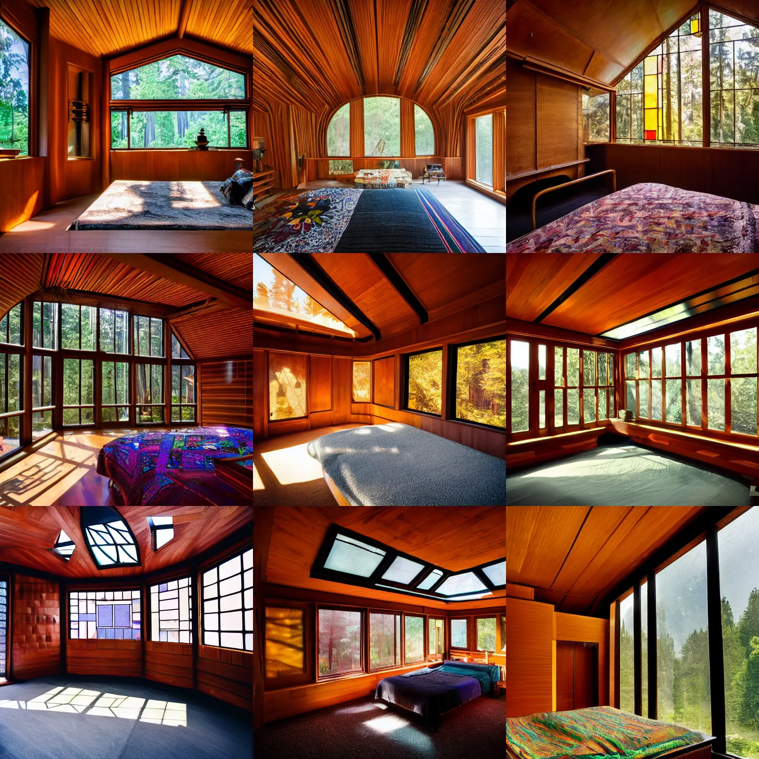 Prompt: black bedroom inside of a psychedelic solarpunk Frank Lloyd Wright house with a stained glass roof in the redwoods on a sunny day, award winning hd 8k photo